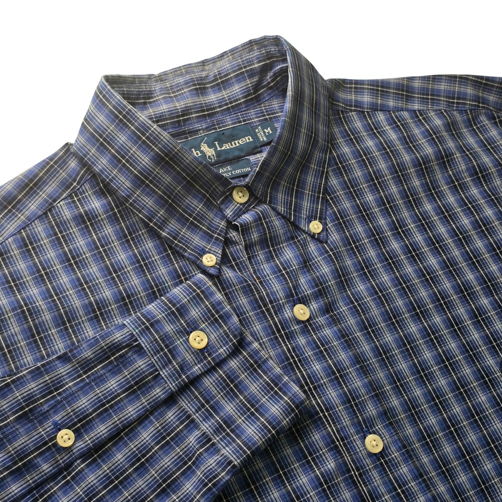 Ralph Lauren Button Down Shirt Mens M Blue Plaid Blake 100% Cotton Long Sleeve